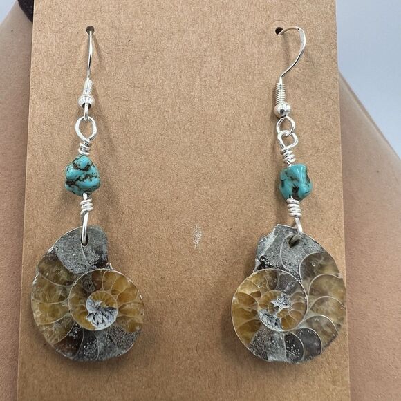 Fossil Jewelry - Natural Ammonite Fossil Gesmtone Silver Earrings  Handmade Turquoise & Sterling